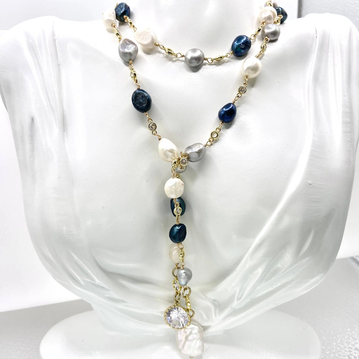 Lariat  fresh water denim mix pearl wrap necklace  VB&CO Designs Handmade Jewelry