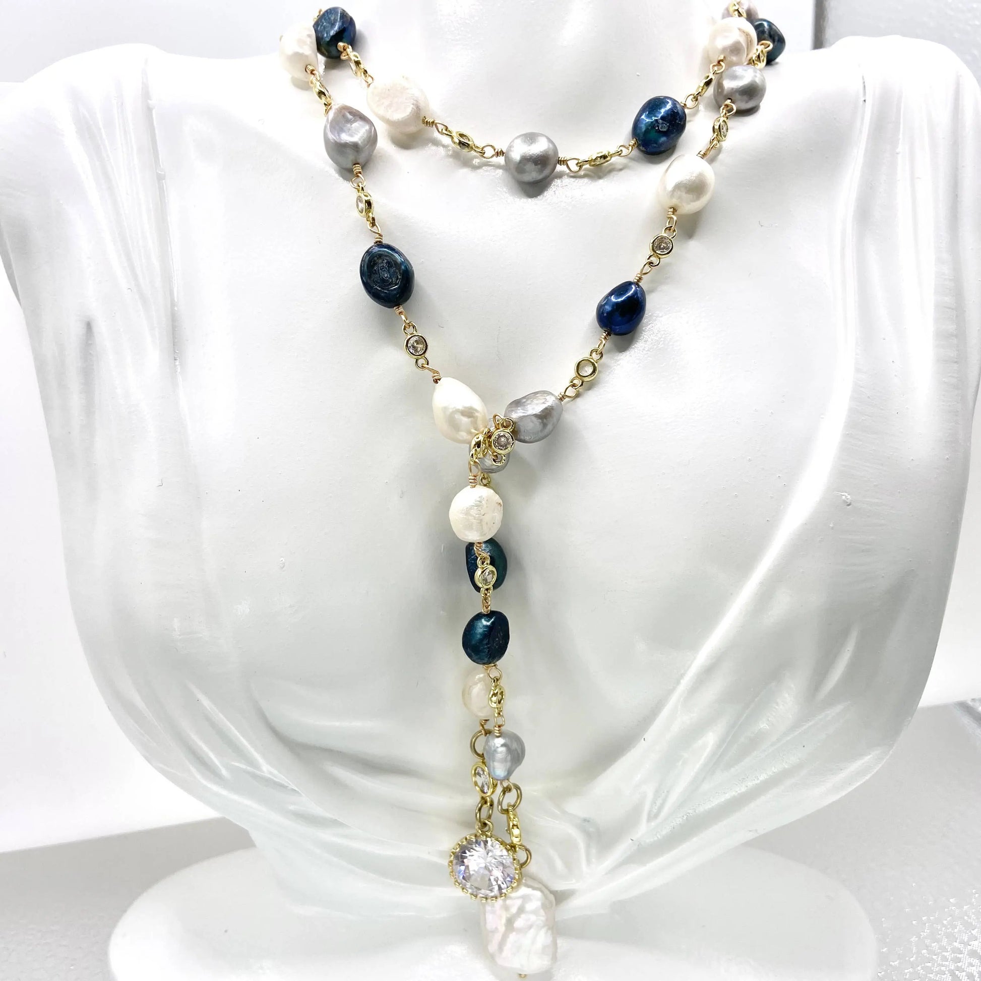 Lariat  fresh water denim mix pearl wrap necklace  VB&CO Designs Handmade Jewelry