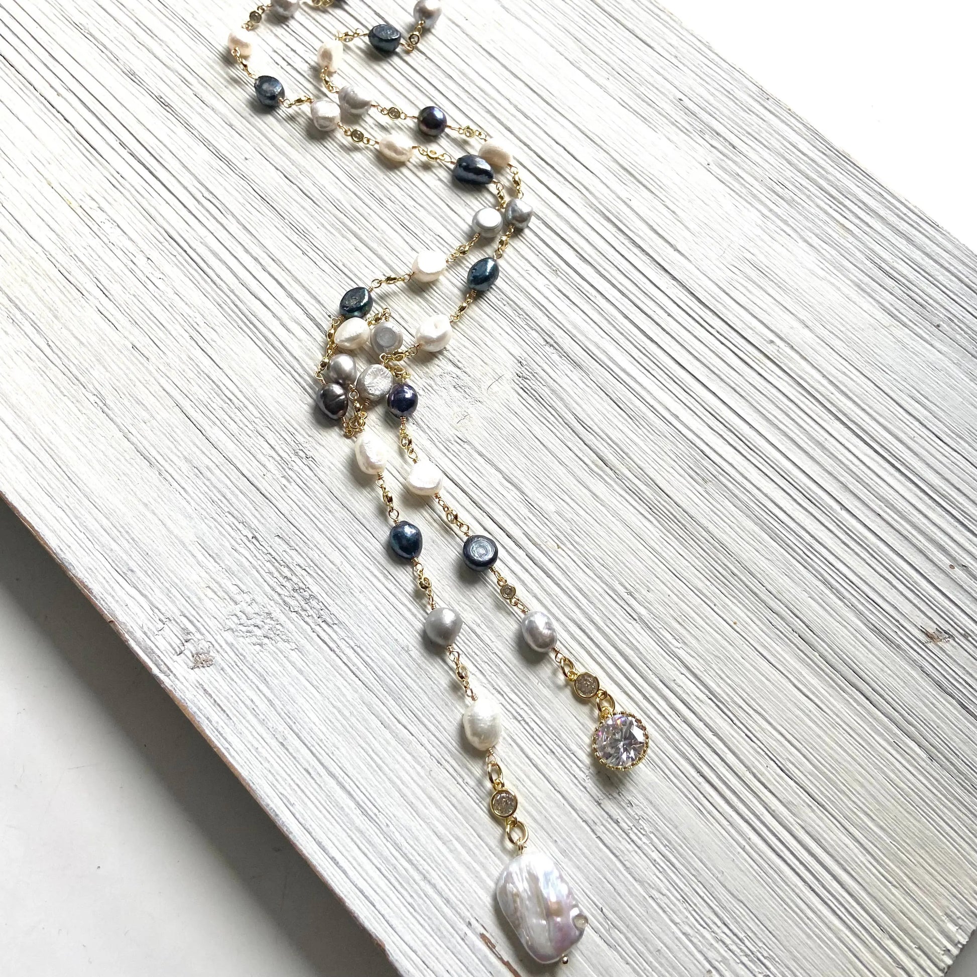 Lariat  fresh water denim mix pearl wrap necklace  VB&CO Designs Handmade Jewelry