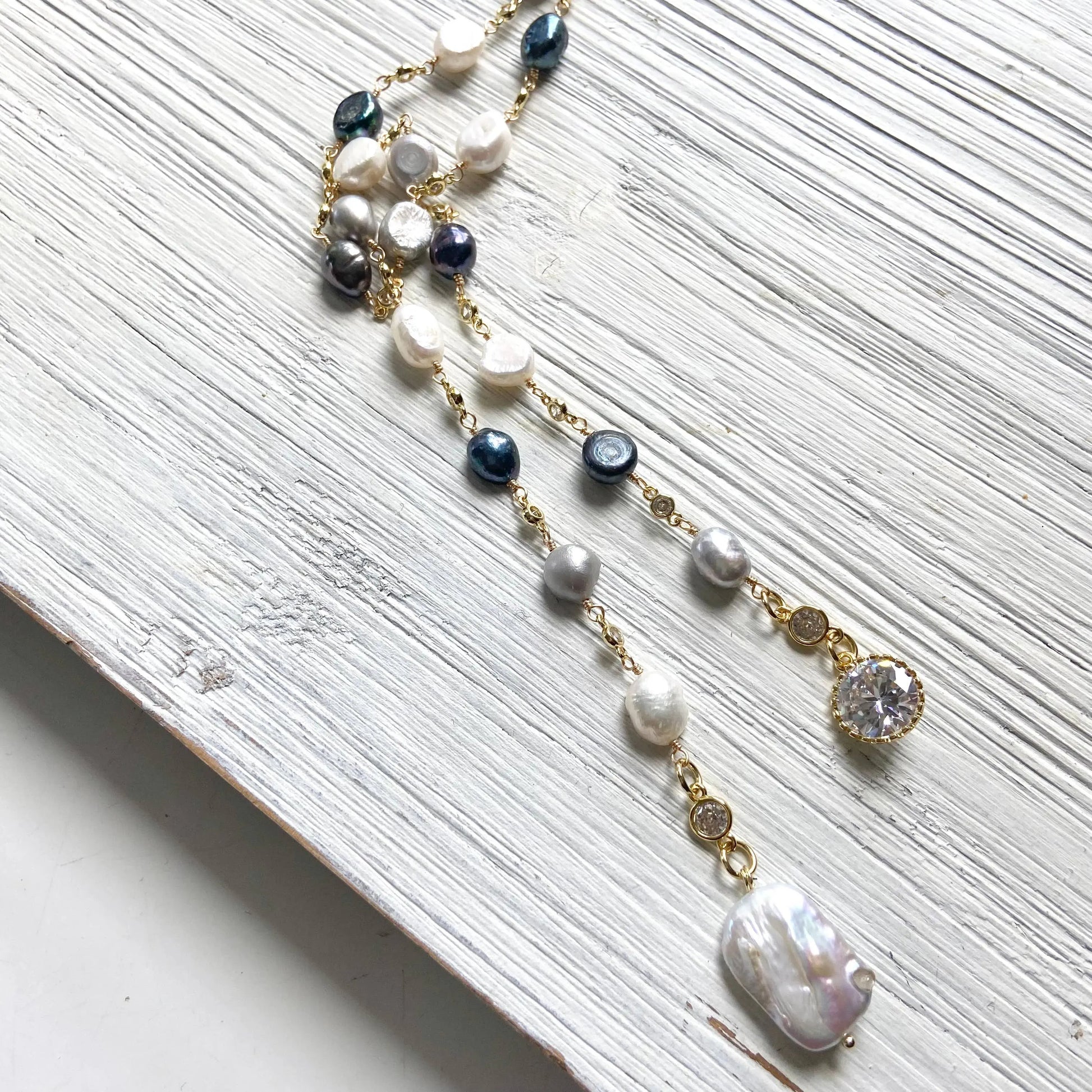 Lariat  fresh water denim mix pearl wrap necklace  VB&CO Designs Handmade Jewelry
