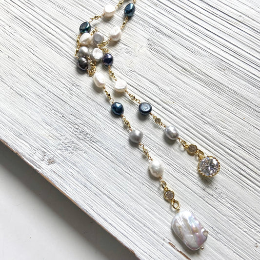 Lariat  fresh water denim mix pearl wrap necklace  VB&CO Designs Handmade Jewelry