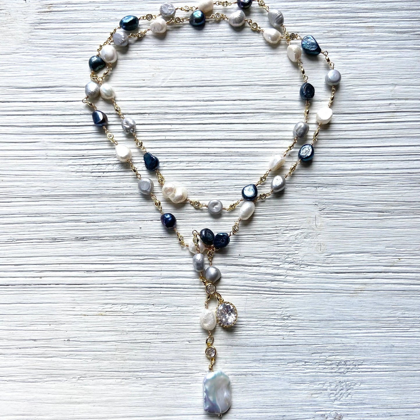 Lariat  fresh water denim mix pearl wrap necklace  VB&CO Designs Handmade Jewelry