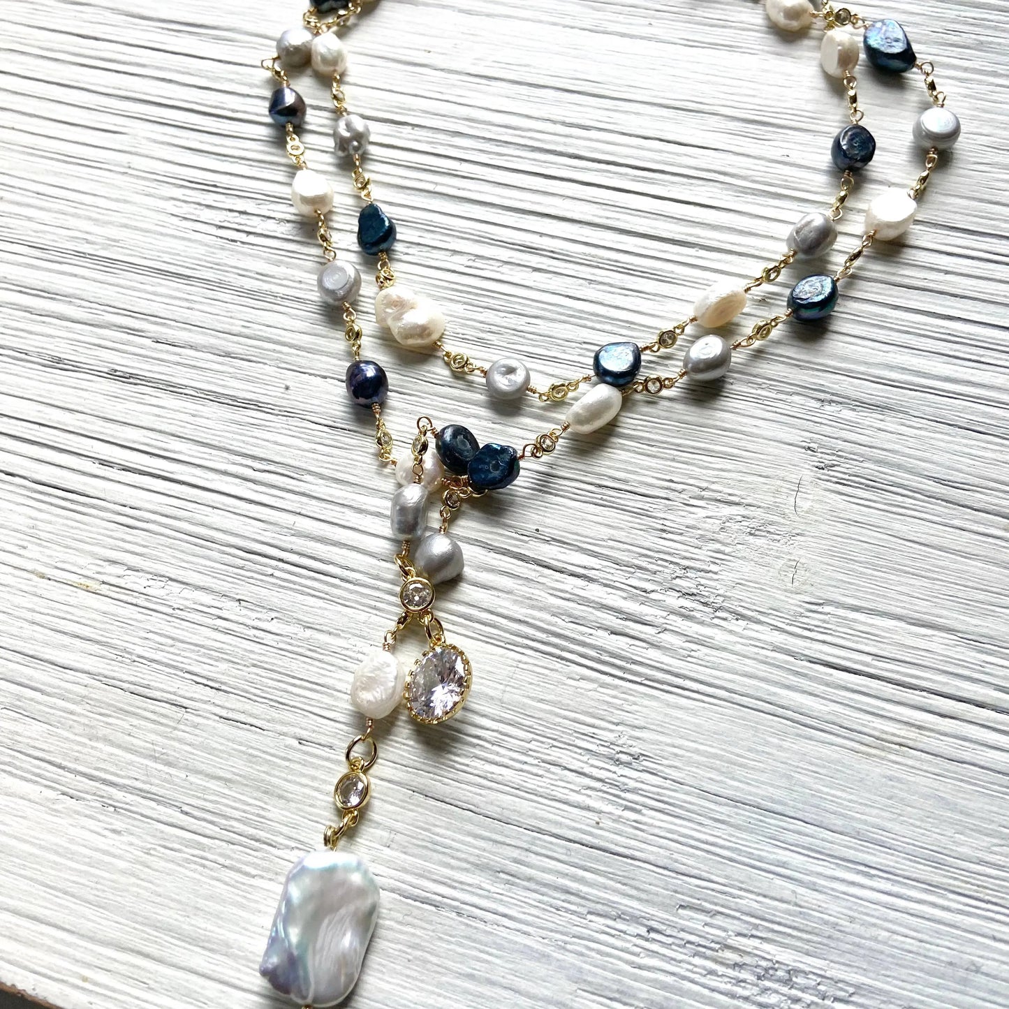 Lariat  fresh water denim mix pearl wrap necklace  VB&CO Designs Handmade Jewelry