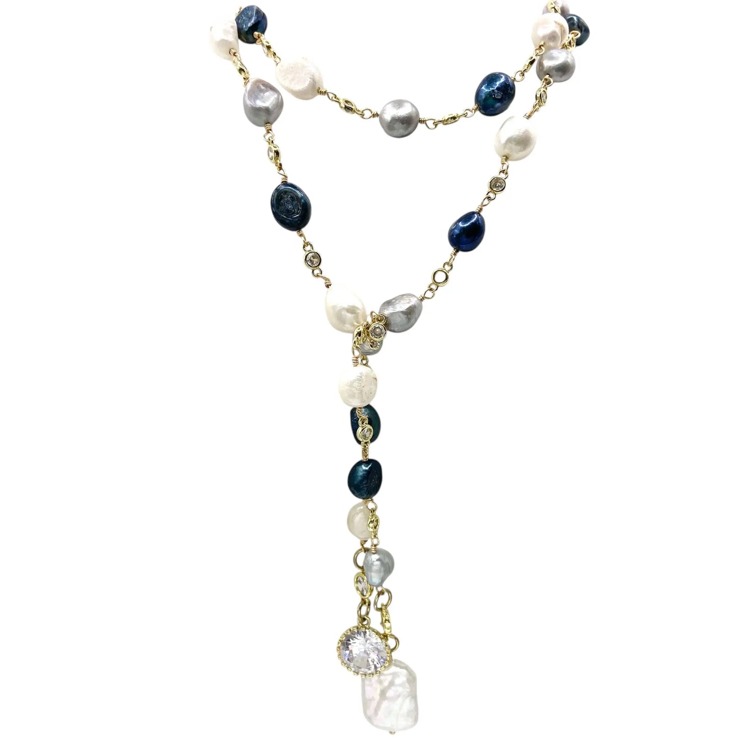 Lariat  fresh water denim mix pearl wrap necklace  VB&CO Designs Handmade Jewelry