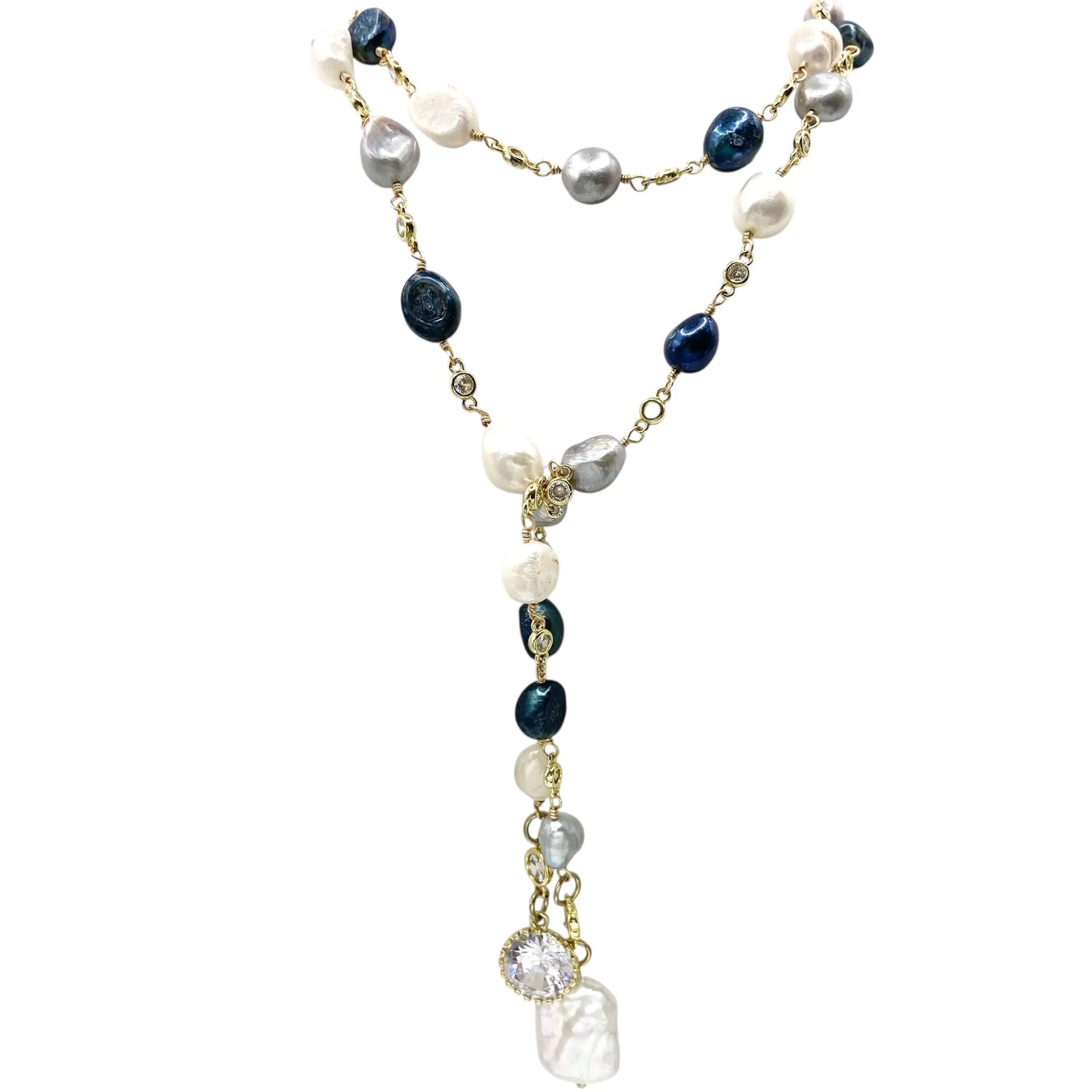 Lariat  fresh water denim mix pearl wrap necklace  VB&CO Designs Handmade Jewelry