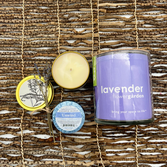 lavender gift set with candle, seed kit and shower burst