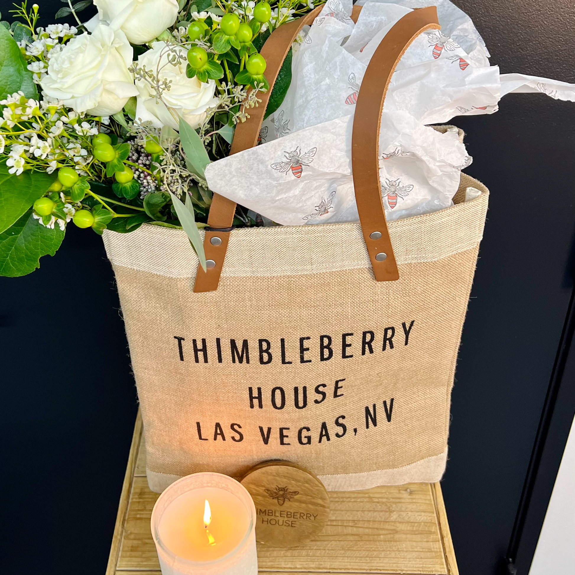 market tote with flowers