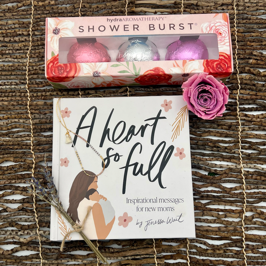 new mom book, shower bursts and necklace gift set