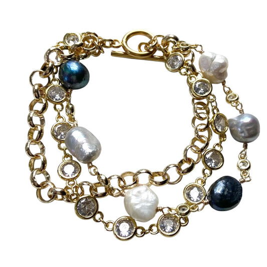 Denim pearl and crystal chain bracelet luxe layer VB&CO Designs Handmade Jewelry