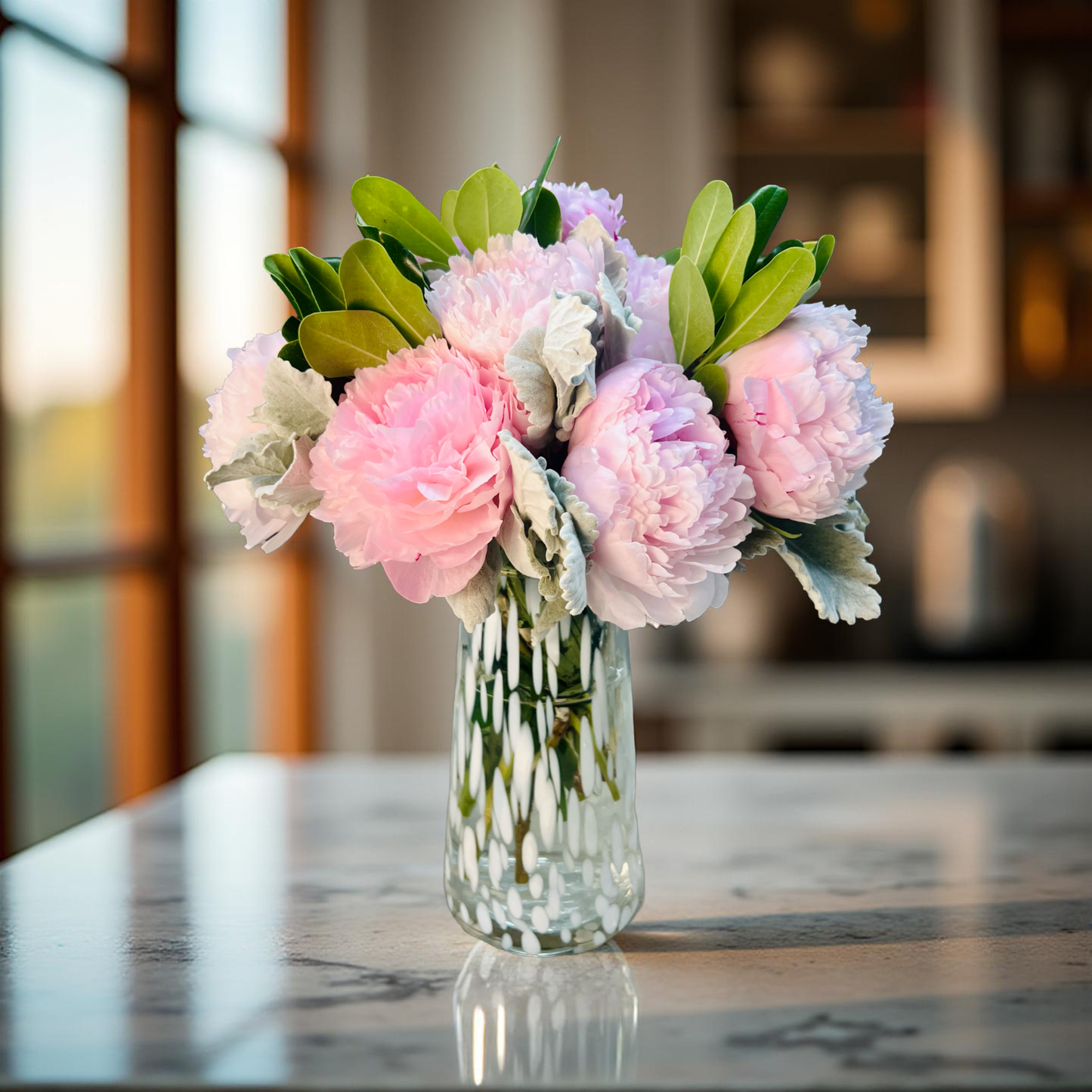 bouquet of peonies on a kitchen counter