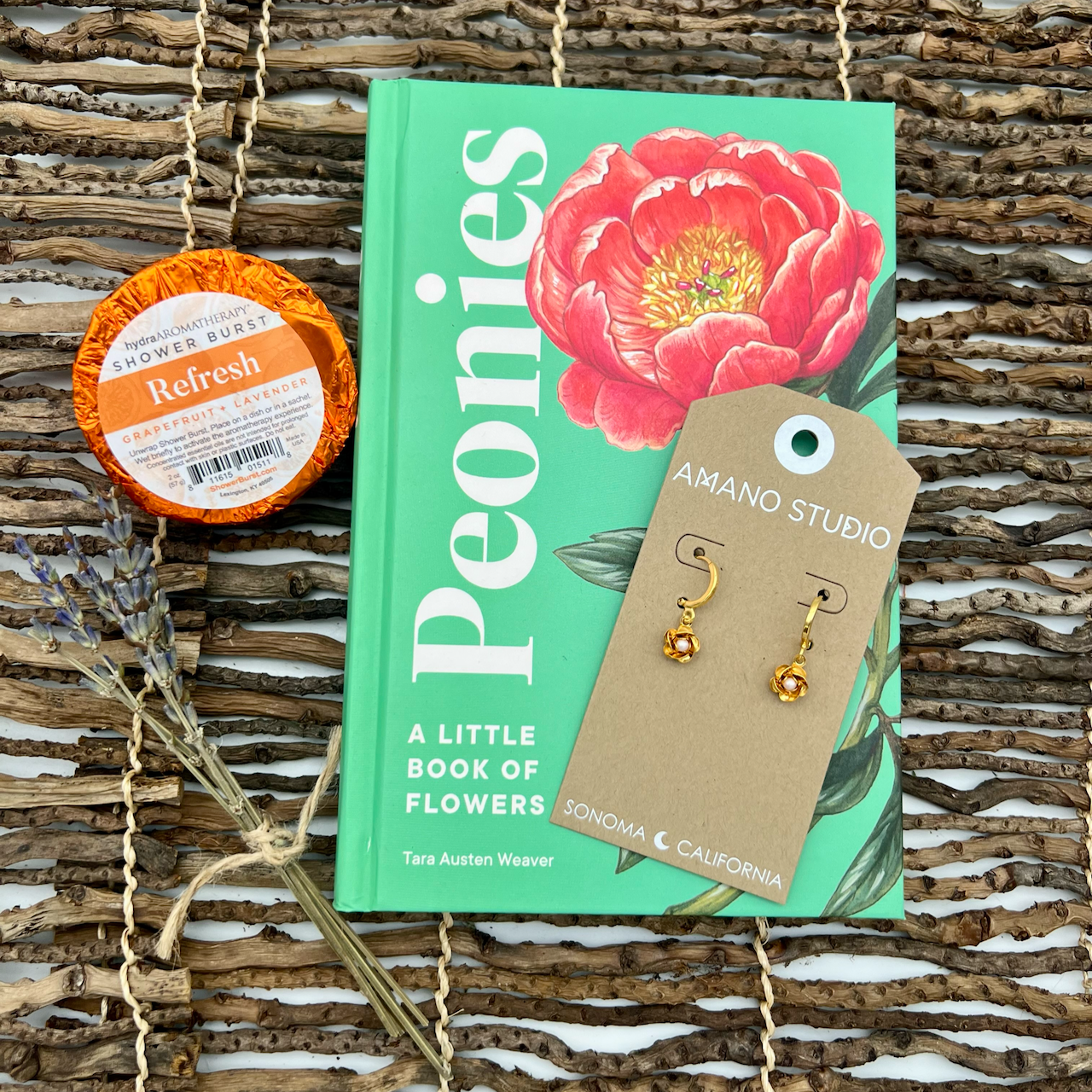 peony book, earrings and shower burst