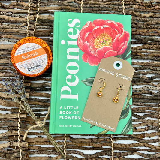 peony book, earrings and shower burst