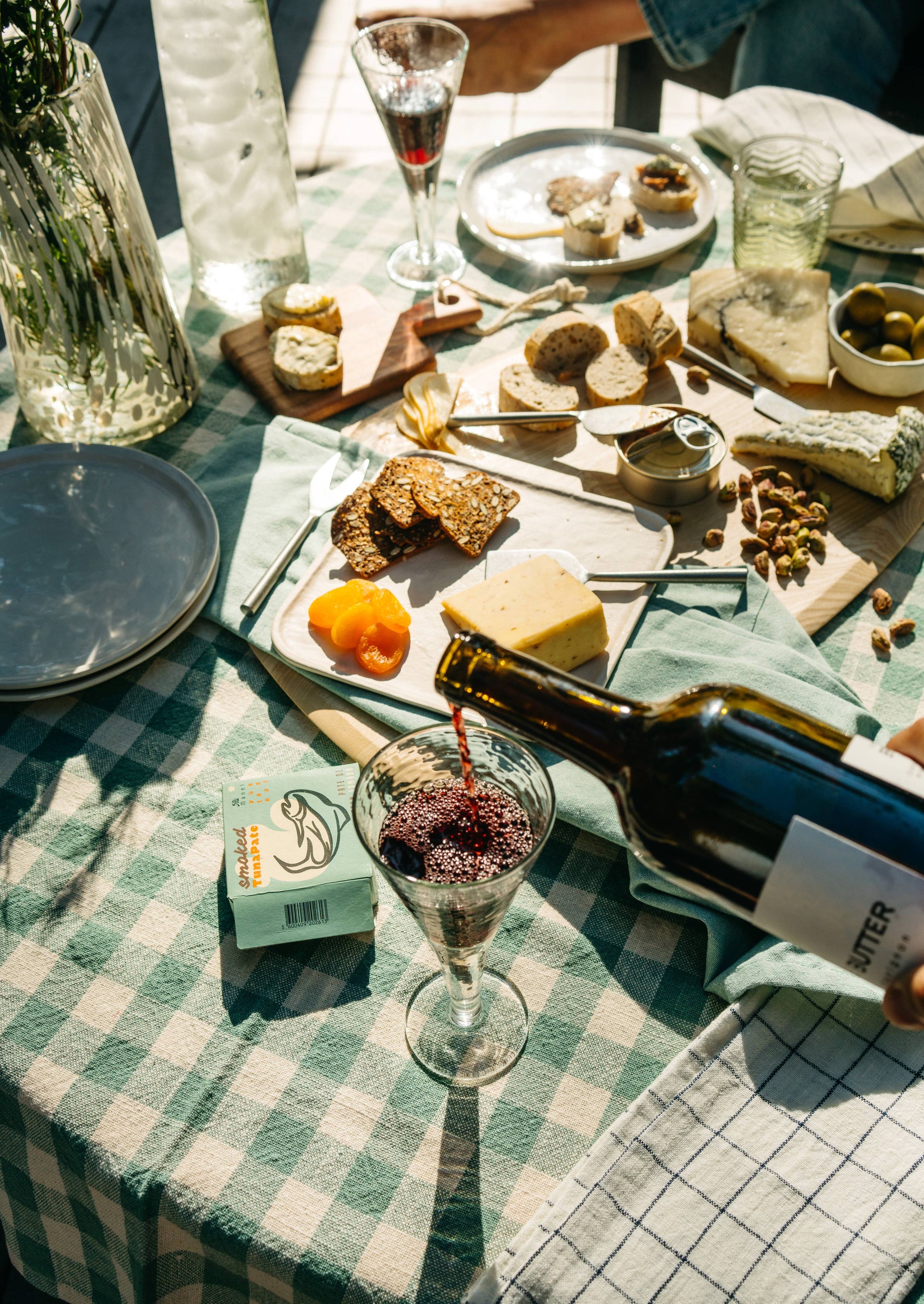 dinner with a plaid tablecloth