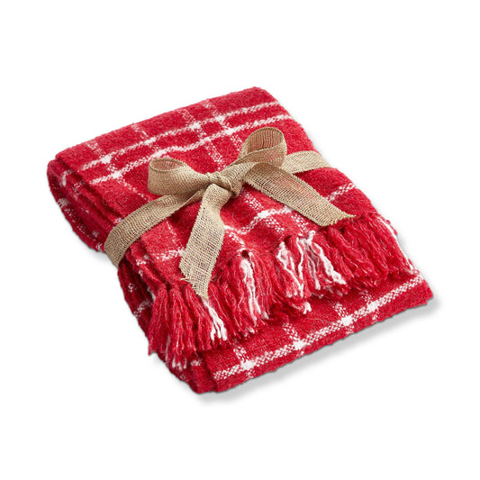 Red checkered blanket with white stripes and a brown bow on a white background