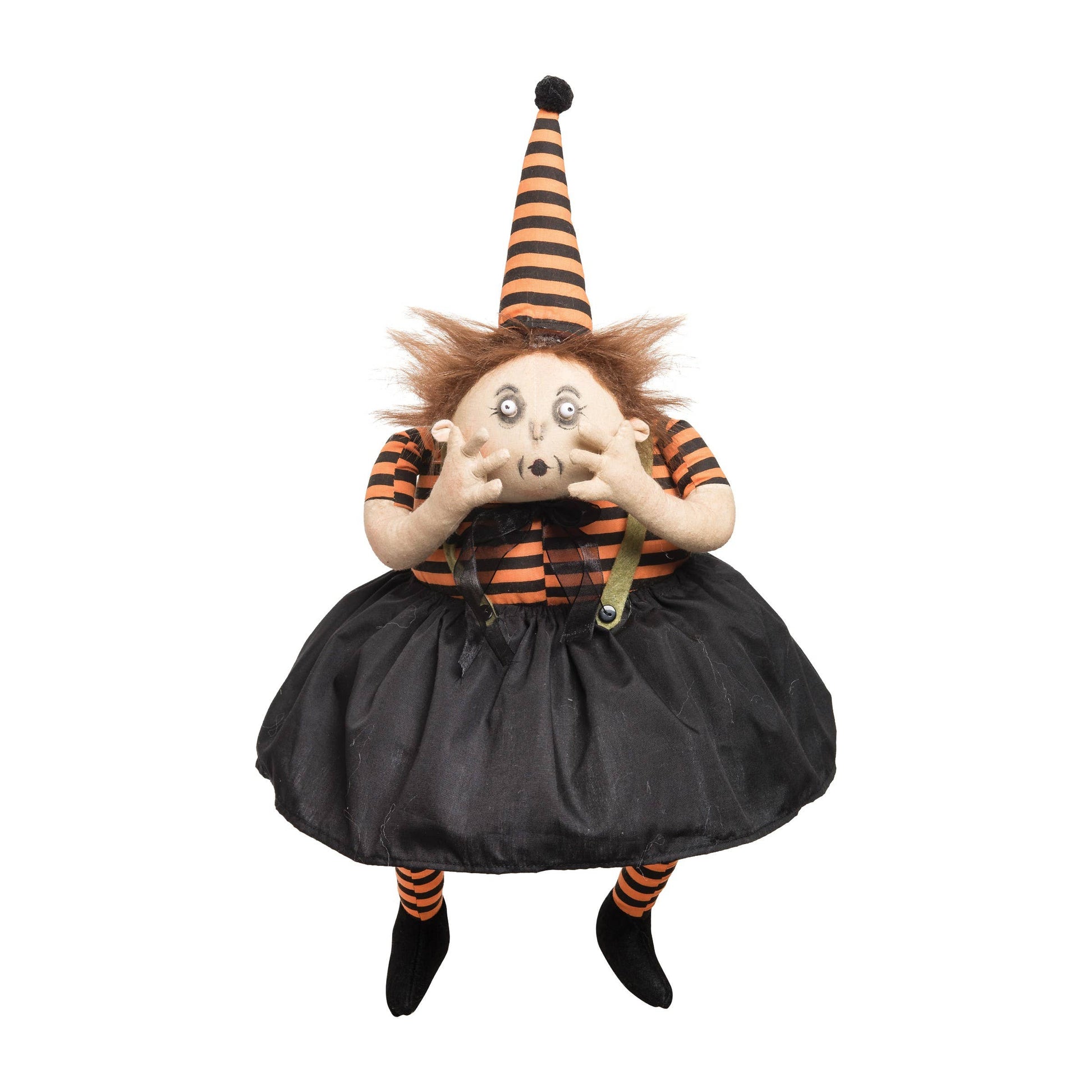 Halloween-themed doll by Joe Spencer with striped hat and black skirt on a white background
