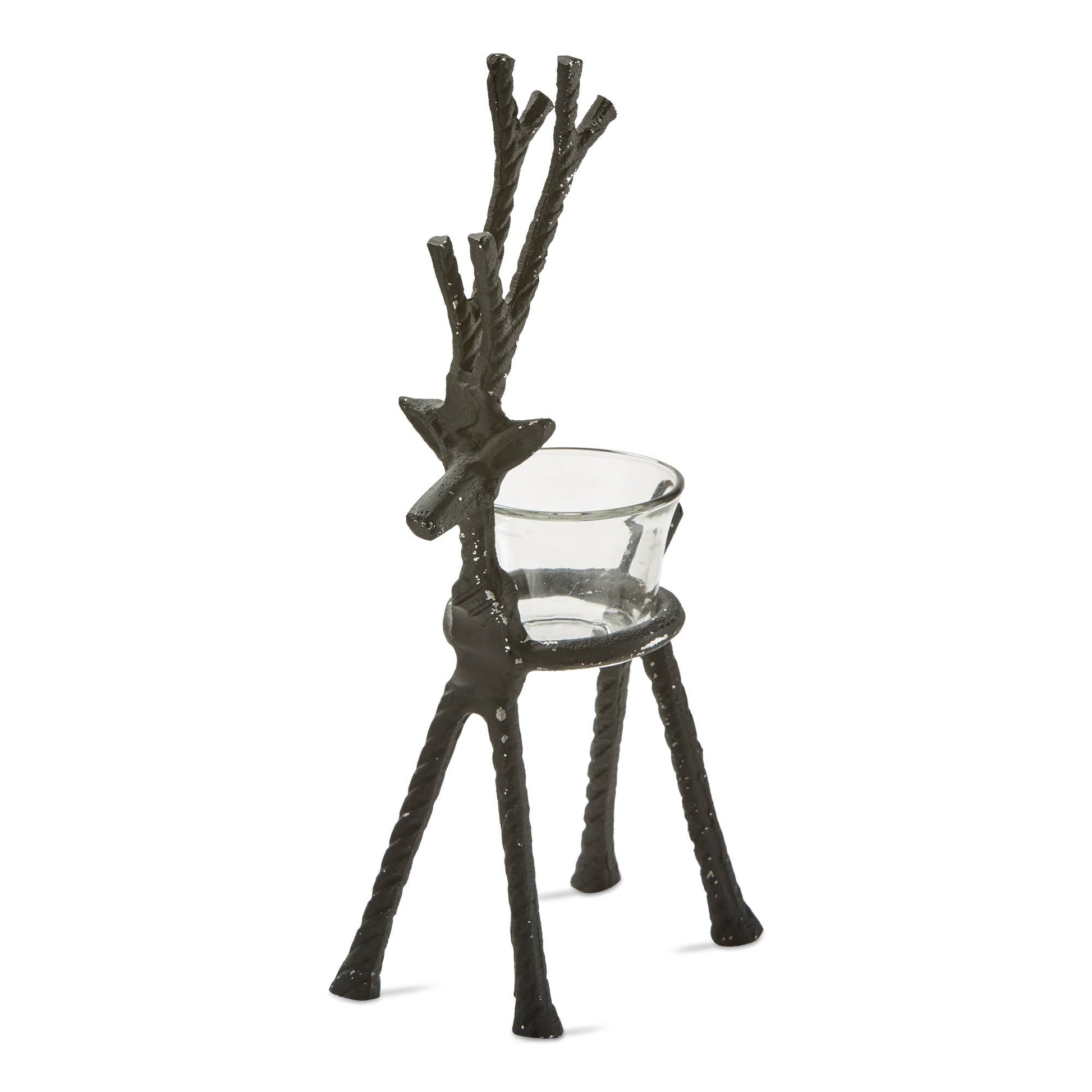 Decorative candle holder shaped like a deer with a glass base on a white background