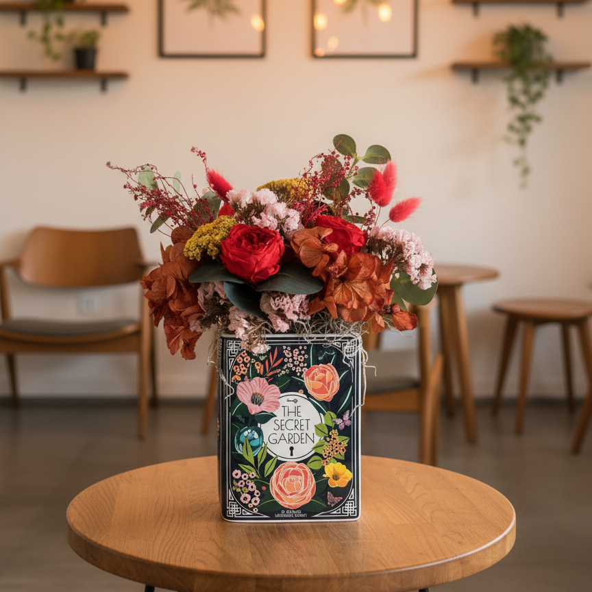 A decorative metal tin vase labeled 'The Secret Garden' filled with a colorful floral arrangement, set on a round wooden table in a warm, softly lit cafe or home interior with hanging bulbs and framed botanical art in the background.