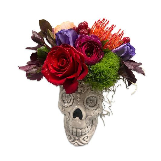 dia de los muertes skull pot filled with fresh flowers by thimbleberry house