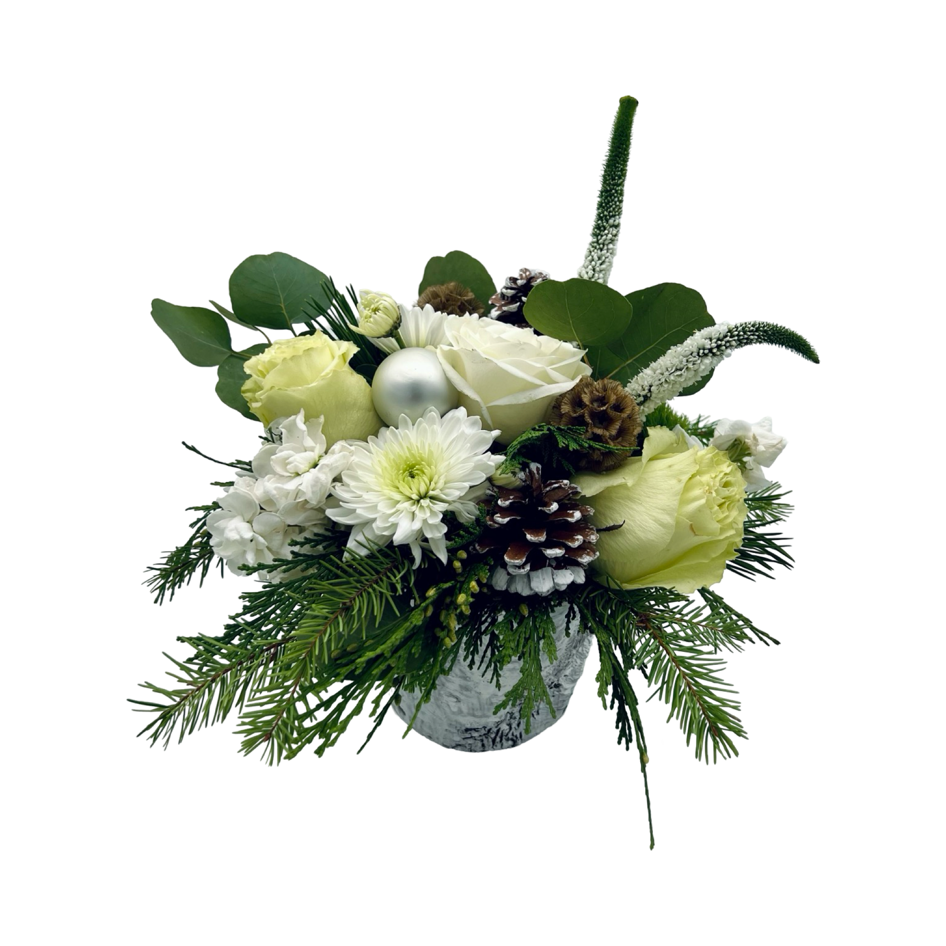 small white holiday flower arrangement on white background