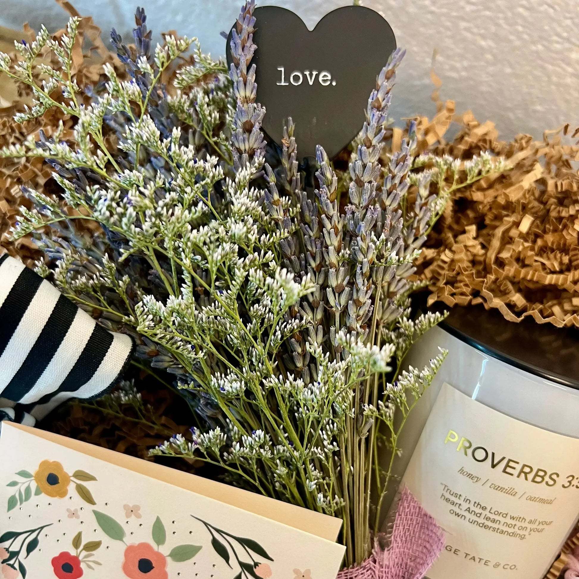 sympathy gift box with candle and dried lavender