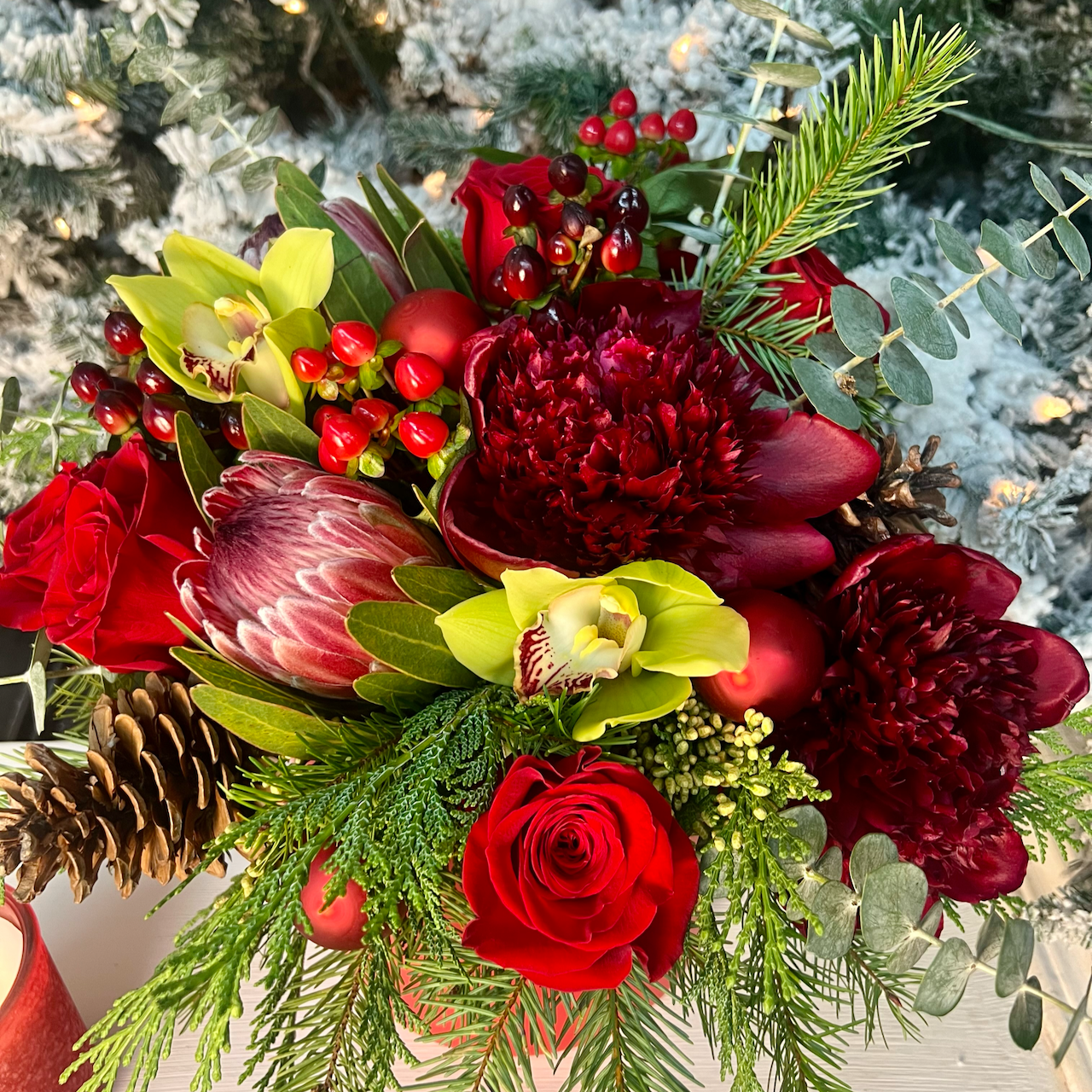 detailed view of large red flower arrangement