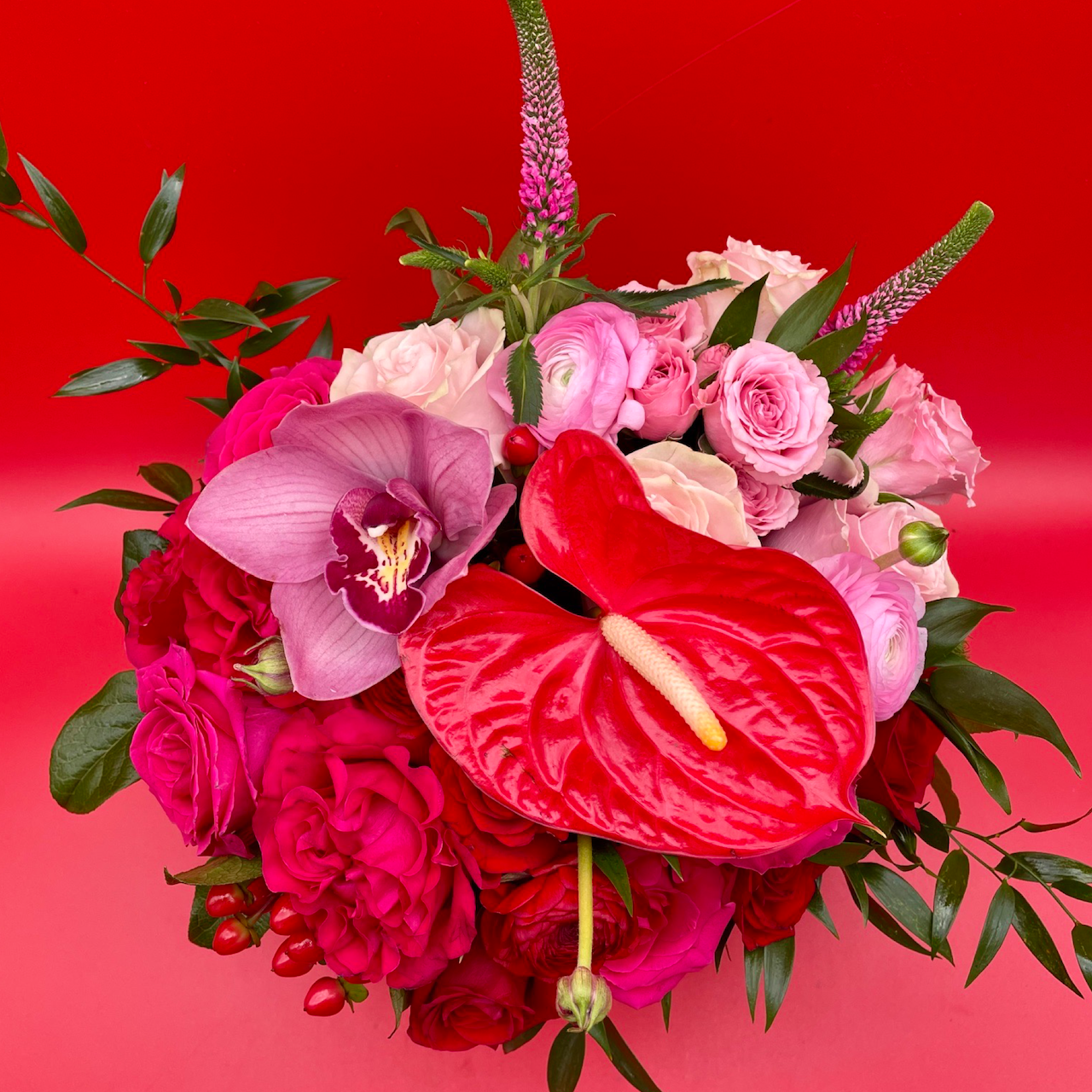 close up of valentine's pink and red flowers