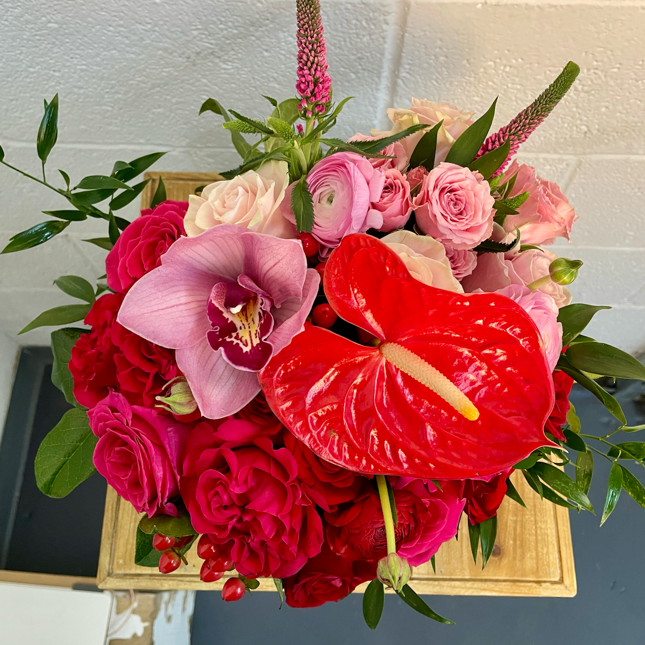 close up of valentine's red and pink flowers