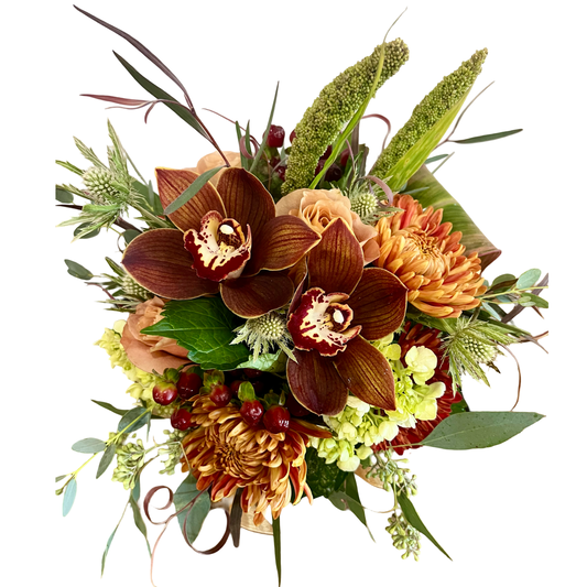 Bouquet of flowers with brown and green tones on a white background, Thimbleberry House design