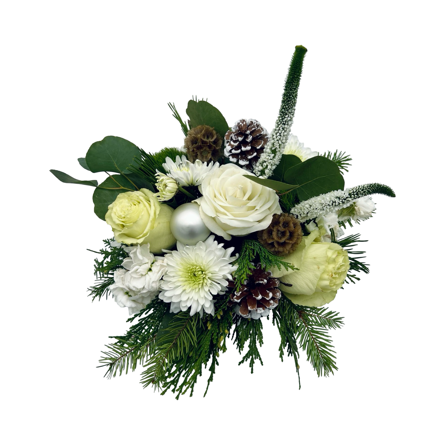 top view of small white holiday flower arrangement