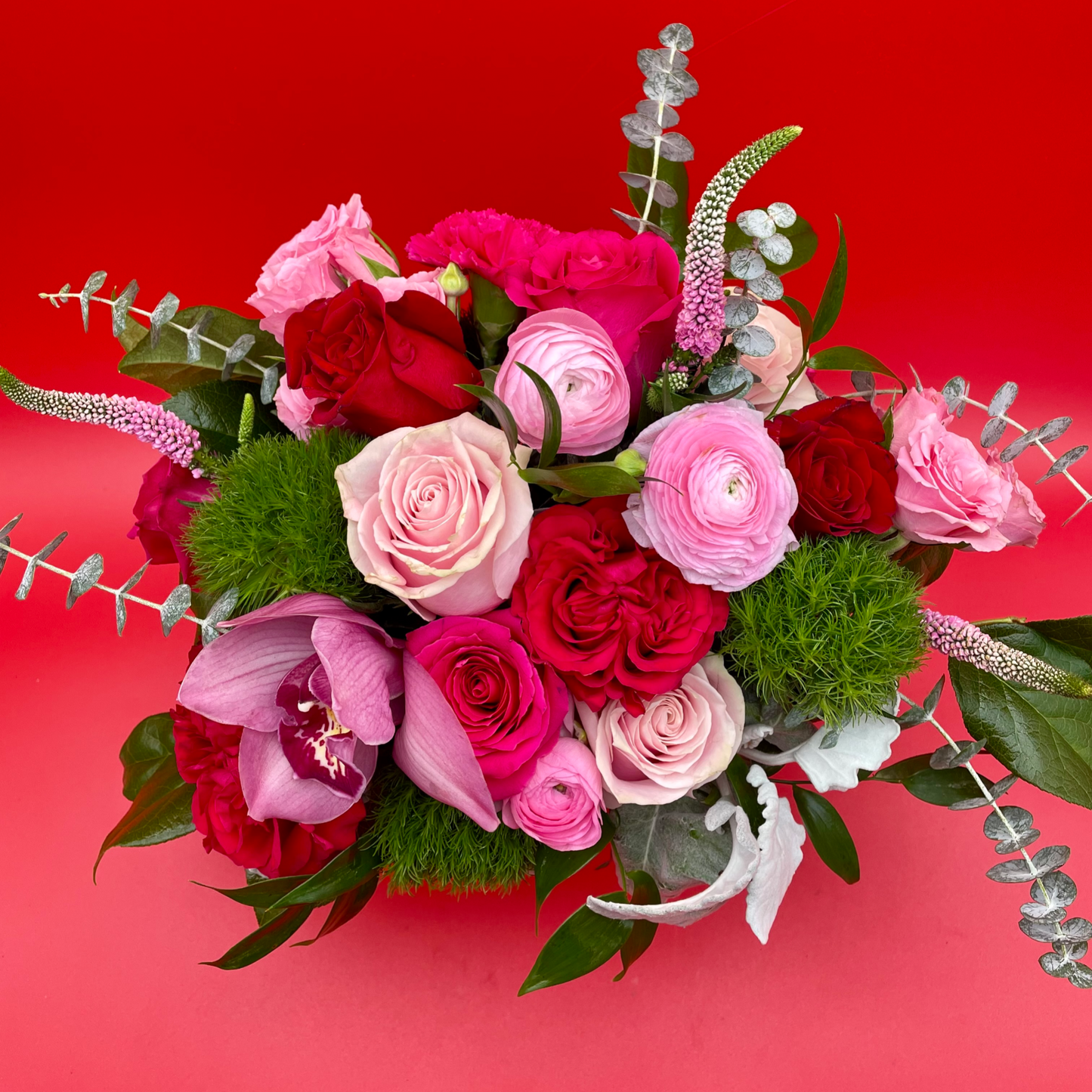 top view of valentine girl flower arrangement