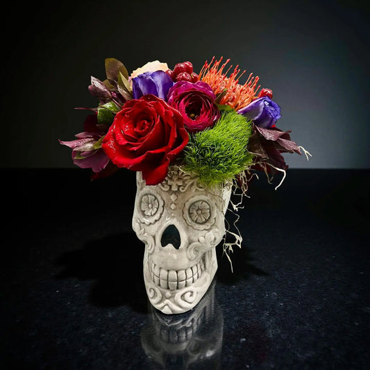 what skull with fresh flowers designed by thimbleberry house