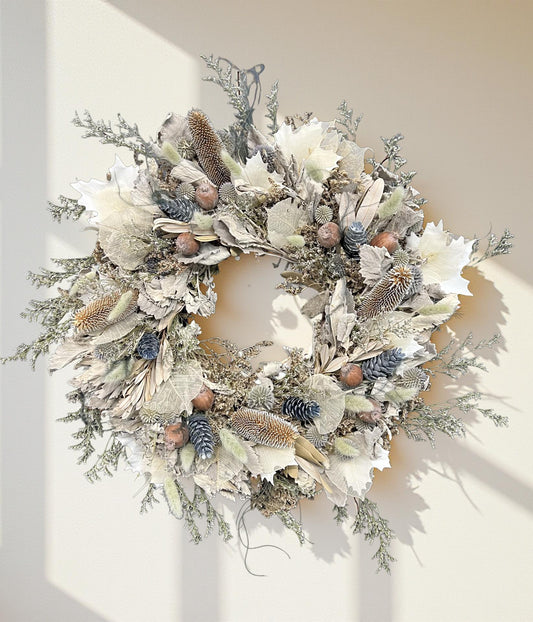 24-inch neutral dried floral wreath with dusty miller and thistle