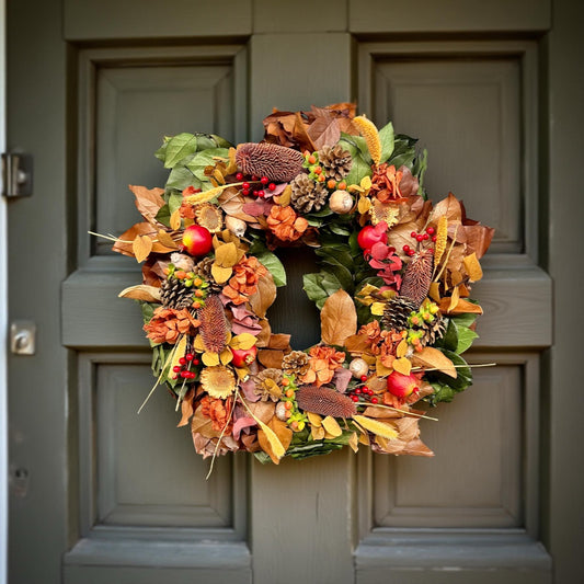 22” handmade fall wreath with eucalyptus, hydrangea, and pinecones